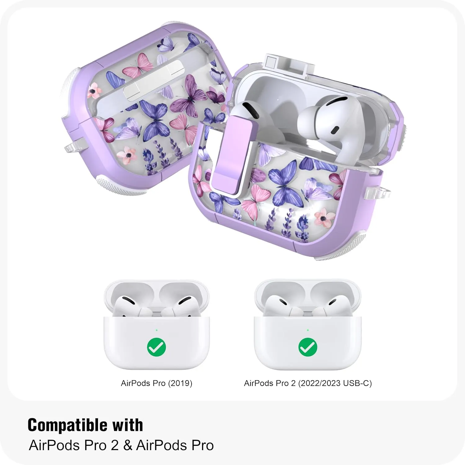 WENEW Case for AirPods Pro & Pro 2 Case Cover Secure Lock Automatic Snap Switch Clip Cleaner Kit Lanyard Women Stylish Hard Shell Full Body Front LED Visible (Purple Butterfly, AirPods Pro & Pro 2)
