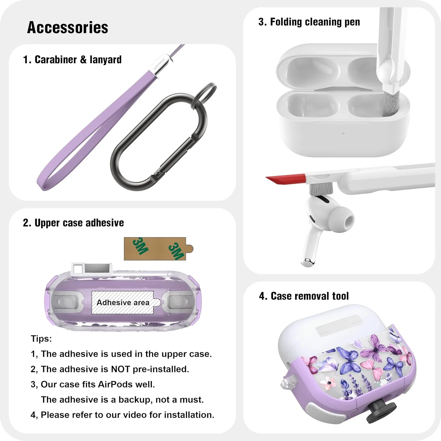 WENEW Case for AirPods Pro & Pro 2 Case Cover Secure Lock Automatic Snap Switch Clip Cleaner Kit Lanyard Women Stylish Hard Shell Full Body Front LED Visible (Purple Butterfly, AirPods Pro & Pro 2)