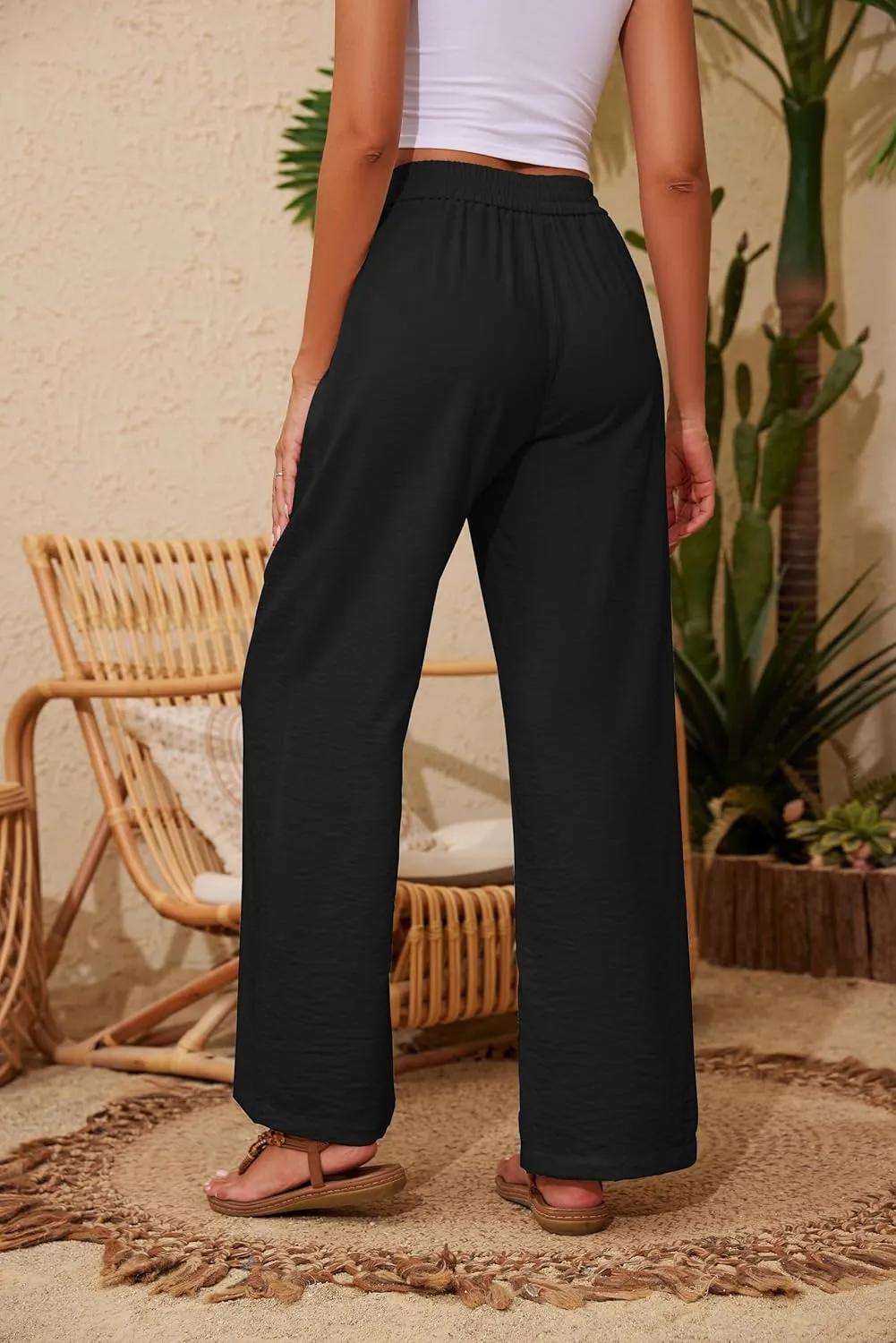 Women Flowy Pants Drawstring Waist Wide Leg Palazzo Beach Pants Loose Fit with Pockets