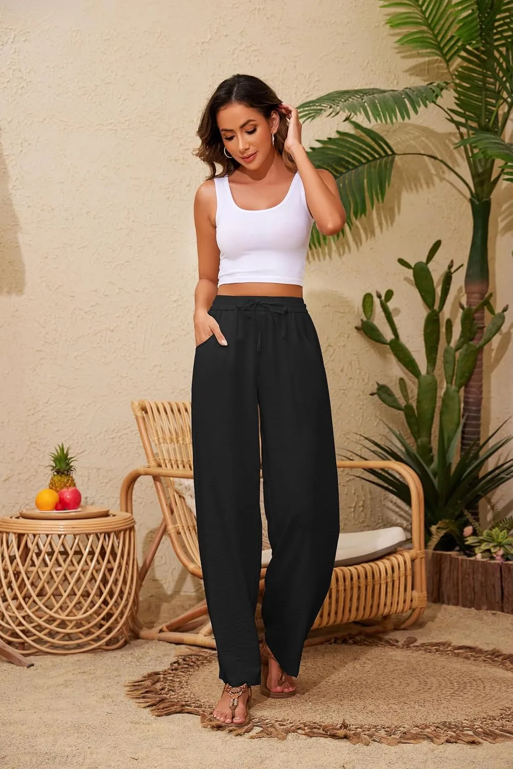 Women Flowy Pants Drawstring Waist Wide Leg Palazzo Beach Pants Loose Fit with Pockets