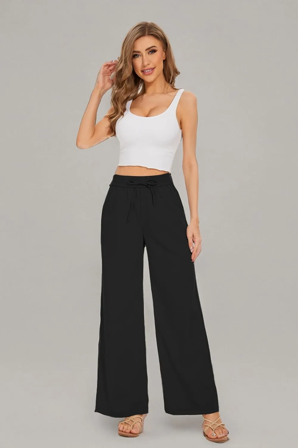 Women Flowy Pants Drawstring Waist Wide Leg Palazzo Beach Pants Loose Fit with Pockets